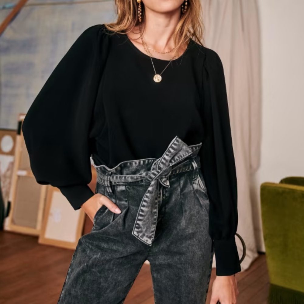 Sezane Black Benedicte Poof Button Sleeve Blouse